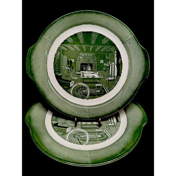 Set of 2 Vintage Colonial Homestead Royal Green Handled Plates platters 11 inch - Picture 1 of 12